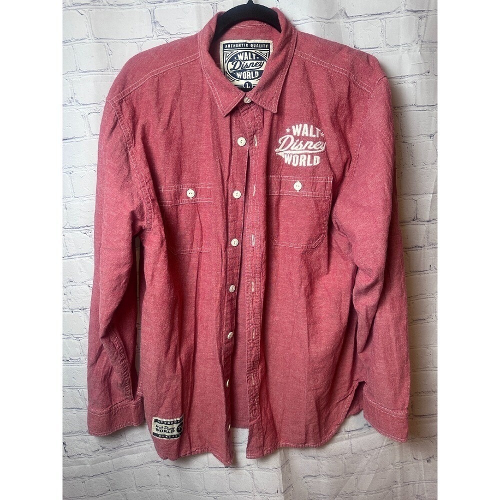 Walt Disney World Button Down Shirt Embroidered Logo Long Sleeve Red L